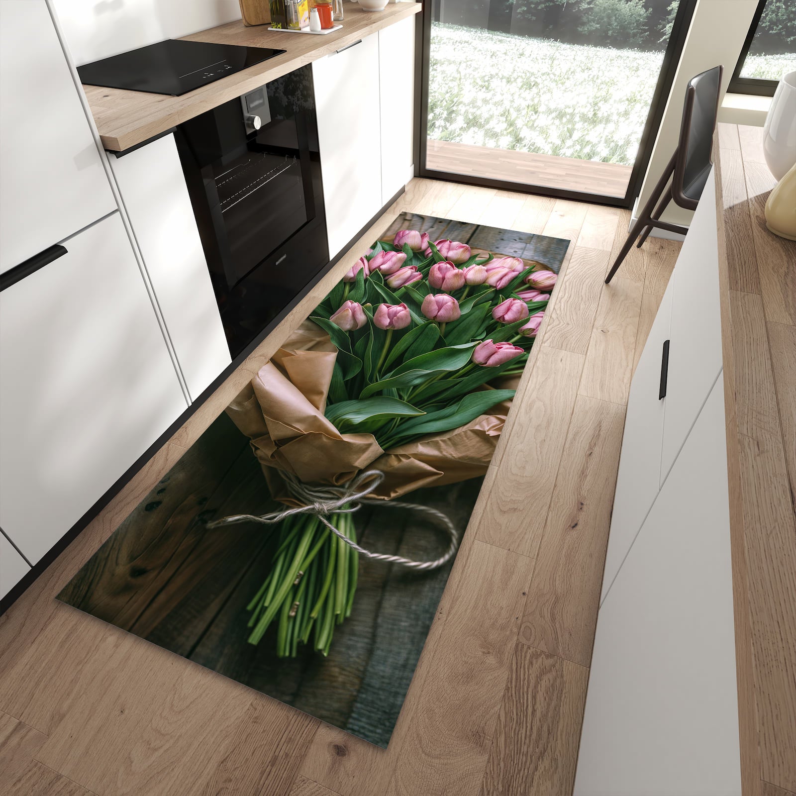 Langlebiger Bodenläufer mit Motiv Rosa Tulpenstrauss in moderner Küche