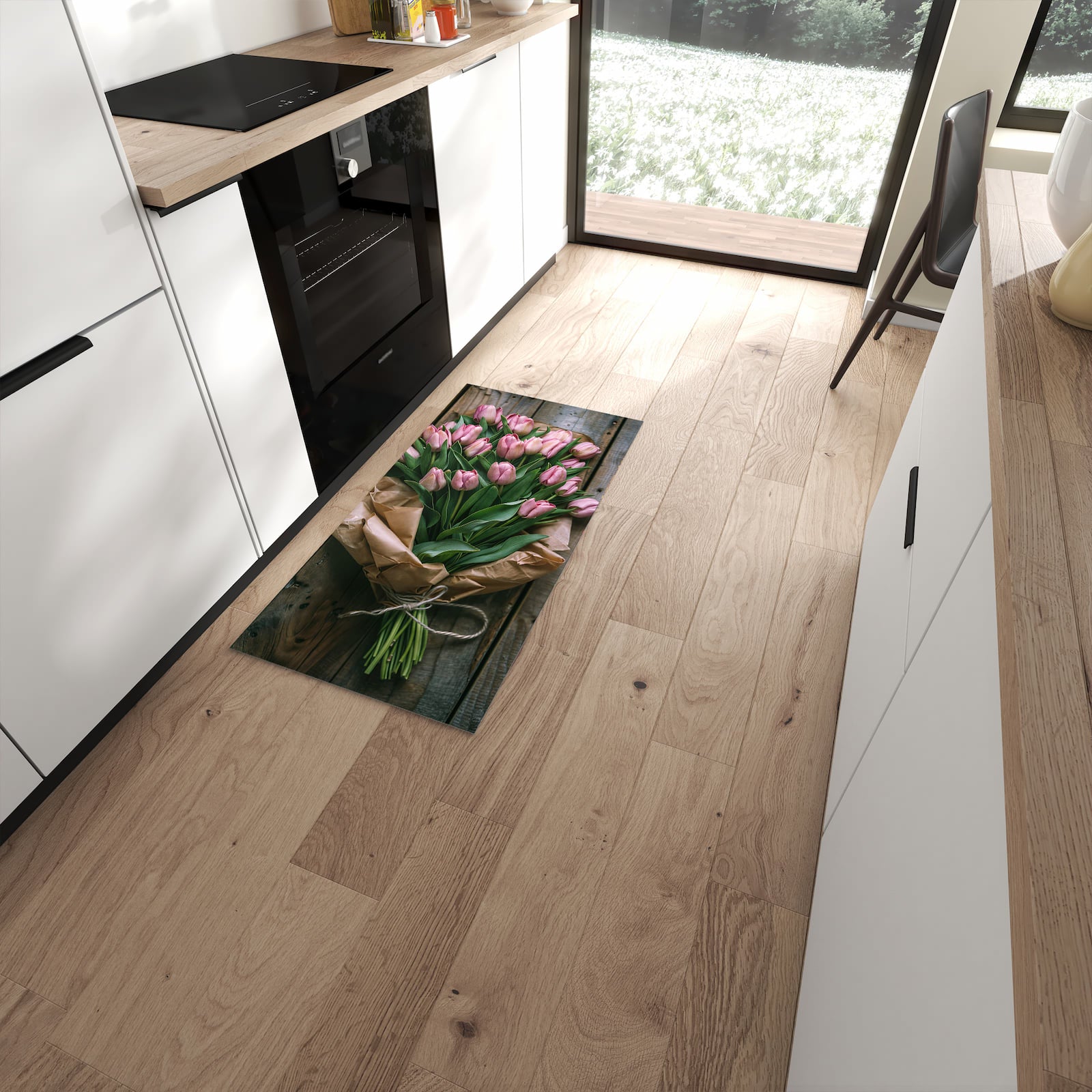 Farbbeständiger Teppichläufer mit Motiv Rosa Tulpenstrauss in moderner Küche #grösse_60 x 120 cm