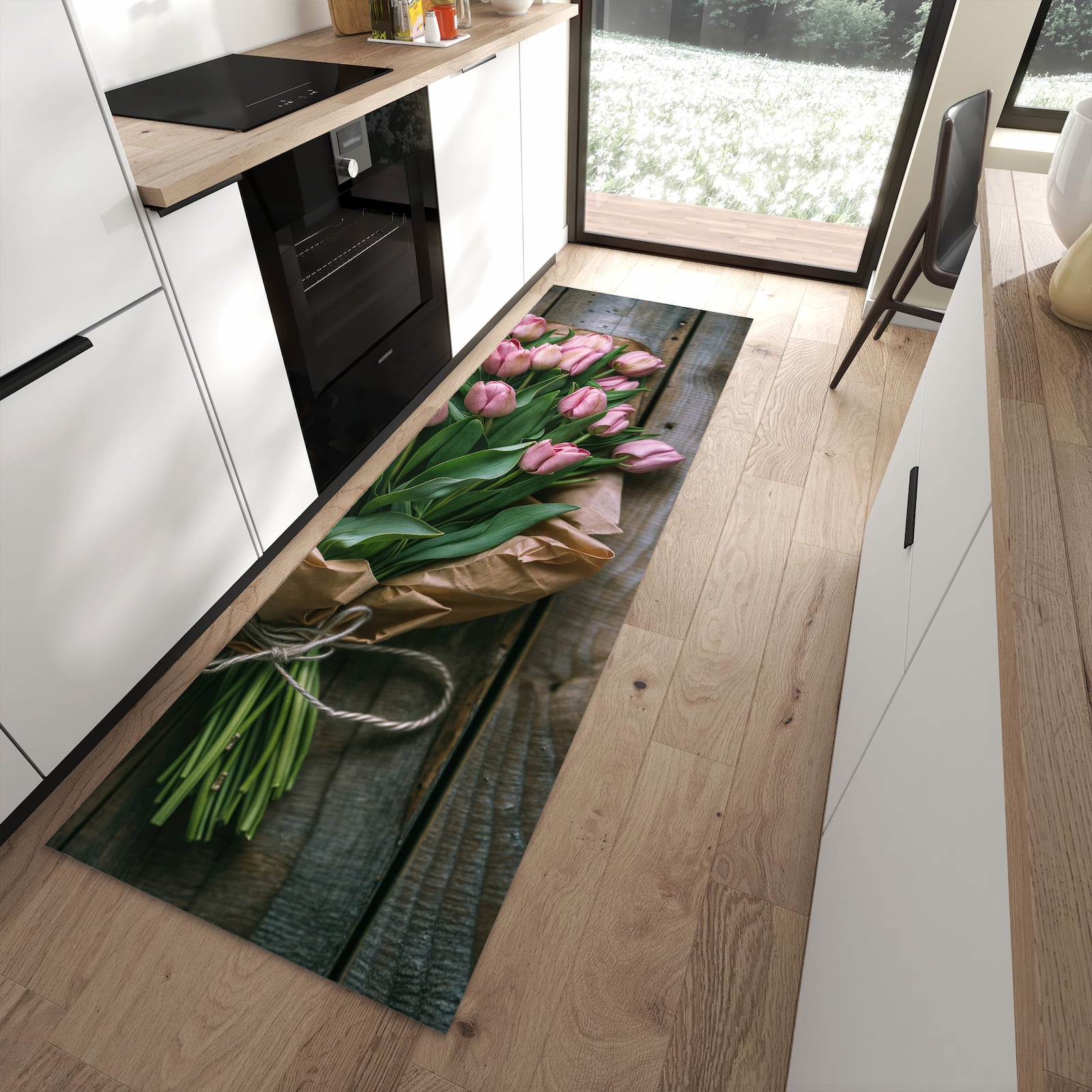 Waschbarer dünner Küchenteppich mit Motiv Rosa Tulpenstrauss in moderner Küche