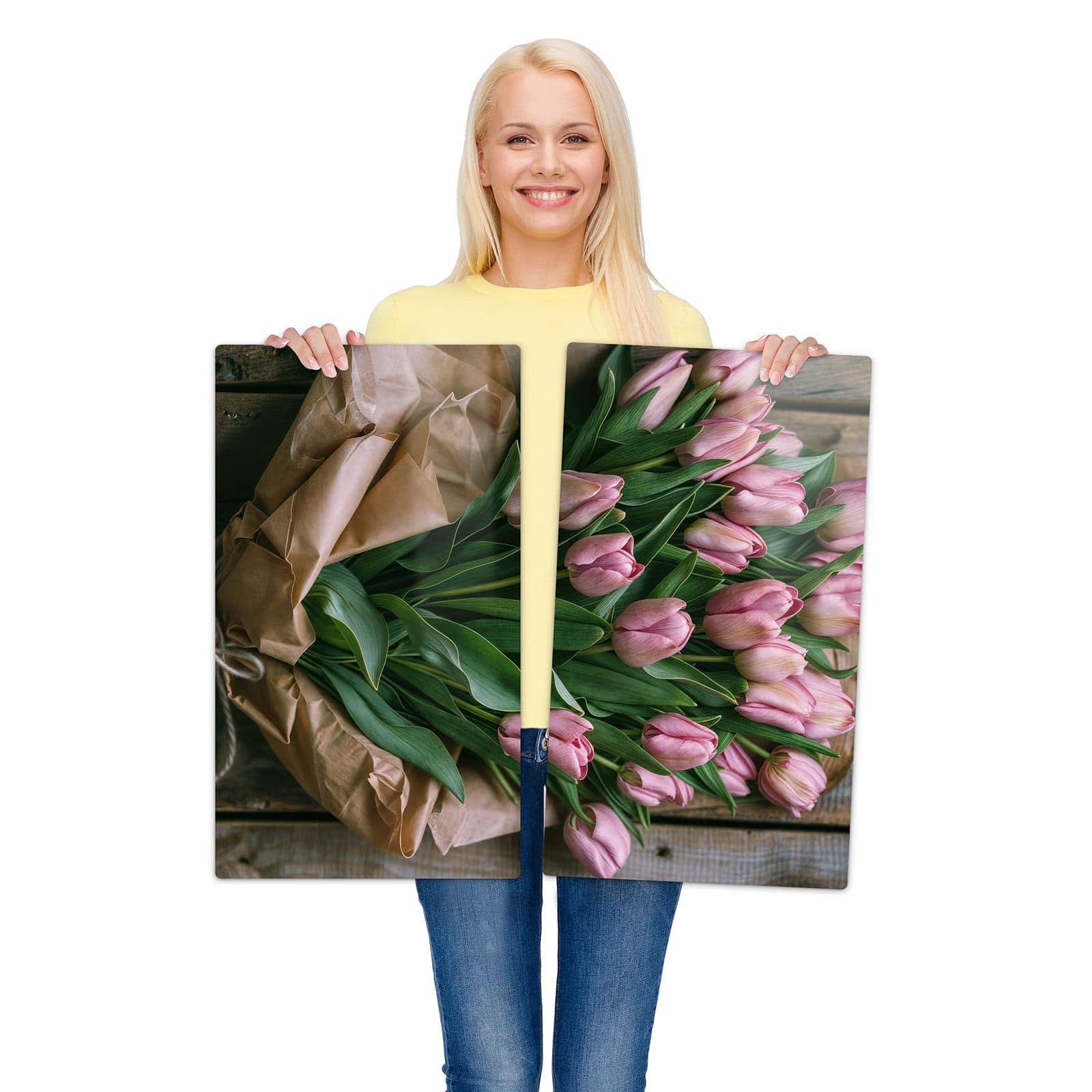 2-teilige Abdeckplatten für Ceranfeld mit Rosa Tulpenstrauß-Motiv wird zur Größendarstellung gehalten