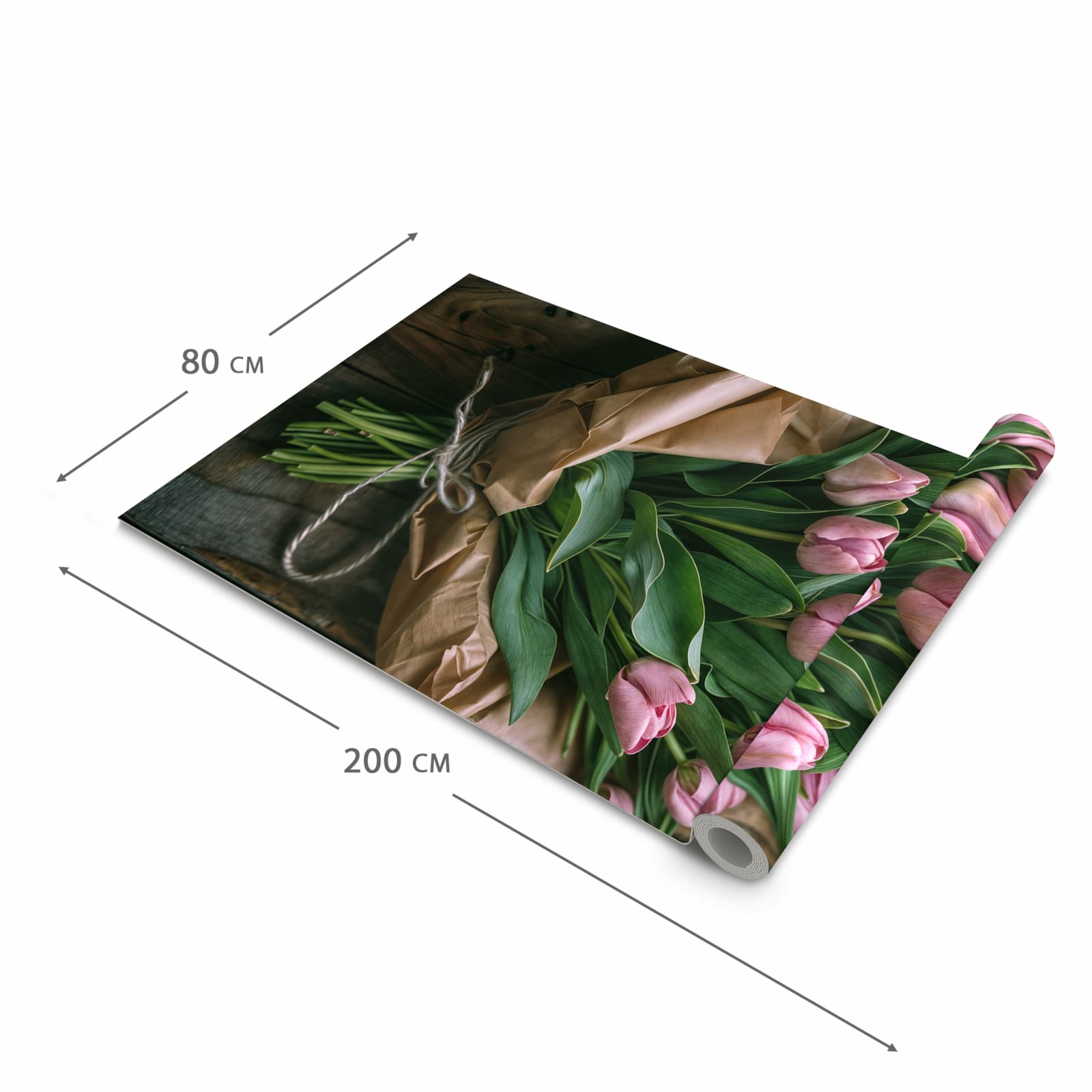 Strapazierfähiger dünner Teppich mit Motiv Rosa Tulpenstrauss in der Grösse 60x300 cm