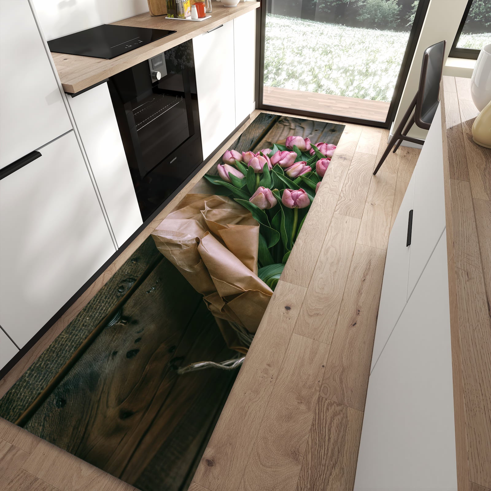 Schmutzabweisender Teppich für Esstisch mit Motiv Rosa Tulpenstrauss in moderner Küche