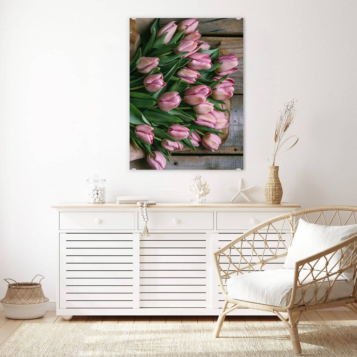 Aufhängung liegt bei – Motiv später wechselbar – Wandbild - Rosa Tulpenstrauß - Hochformat