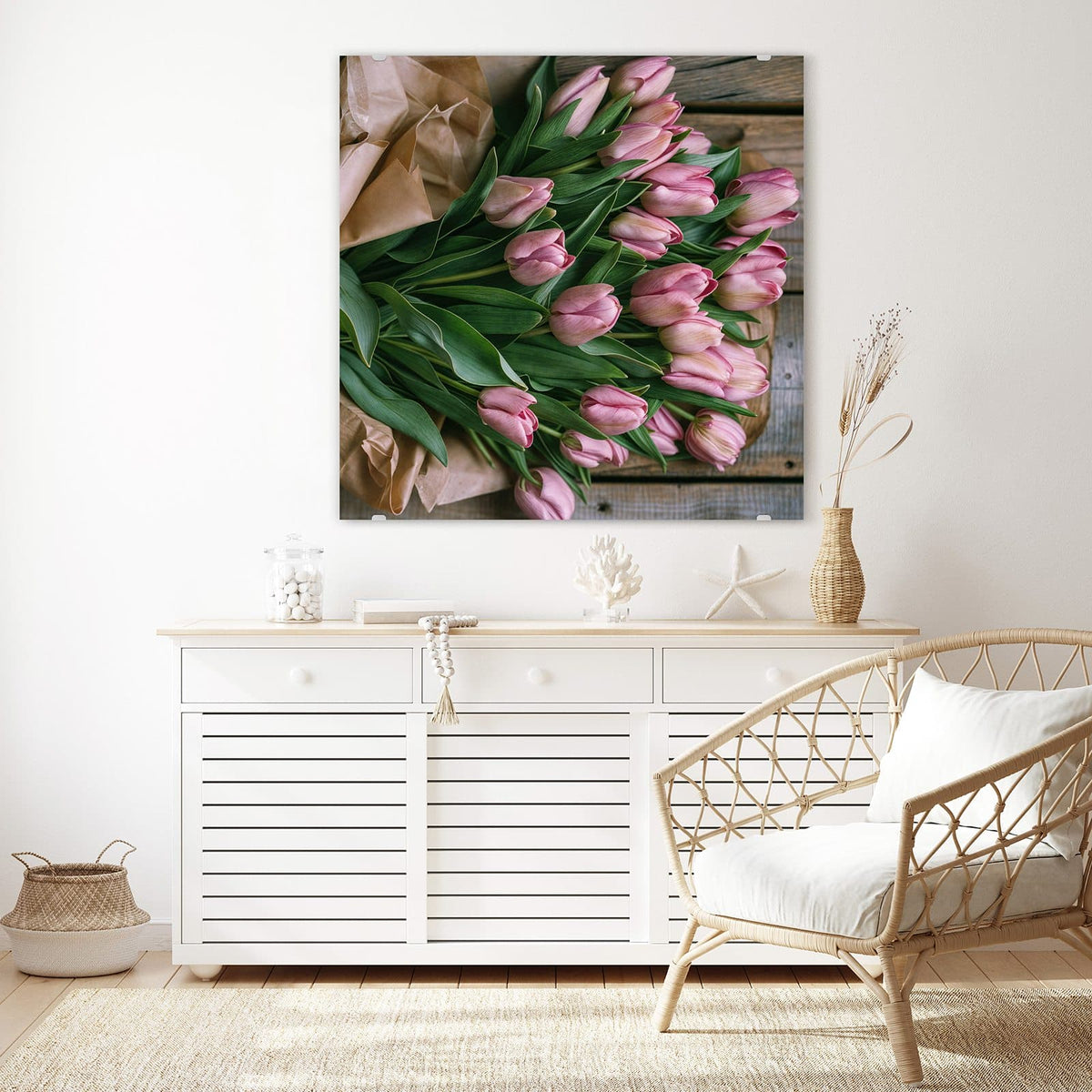 Echtglas, 4 mm – kein Acryl, keine Folie – Wandbild - Rosa Tulpenstrauß - Quadratisch