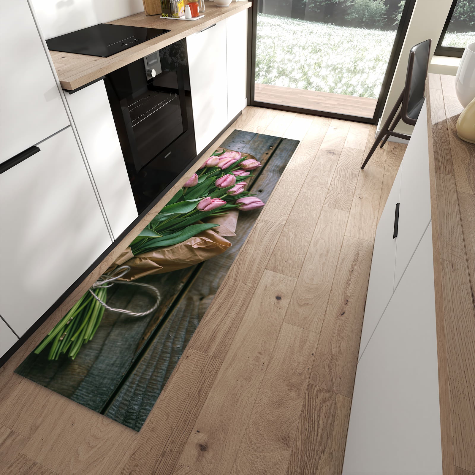 Zeitsparender langer Teppich mit Motiv Rosa Tulpenstrauss in moderner Küche