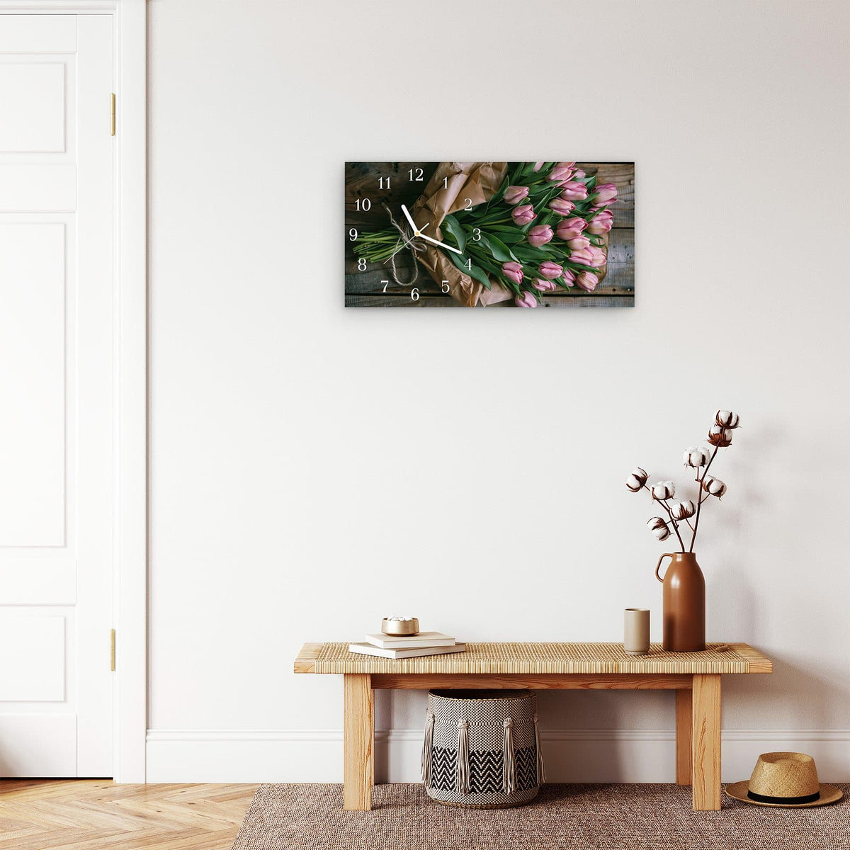 Moderne Wanduhr aus Glas mit Farbtiefe – Wanduhr Rosa Tulpenstrauß aus Glas – Querformat 60 × 30 cm