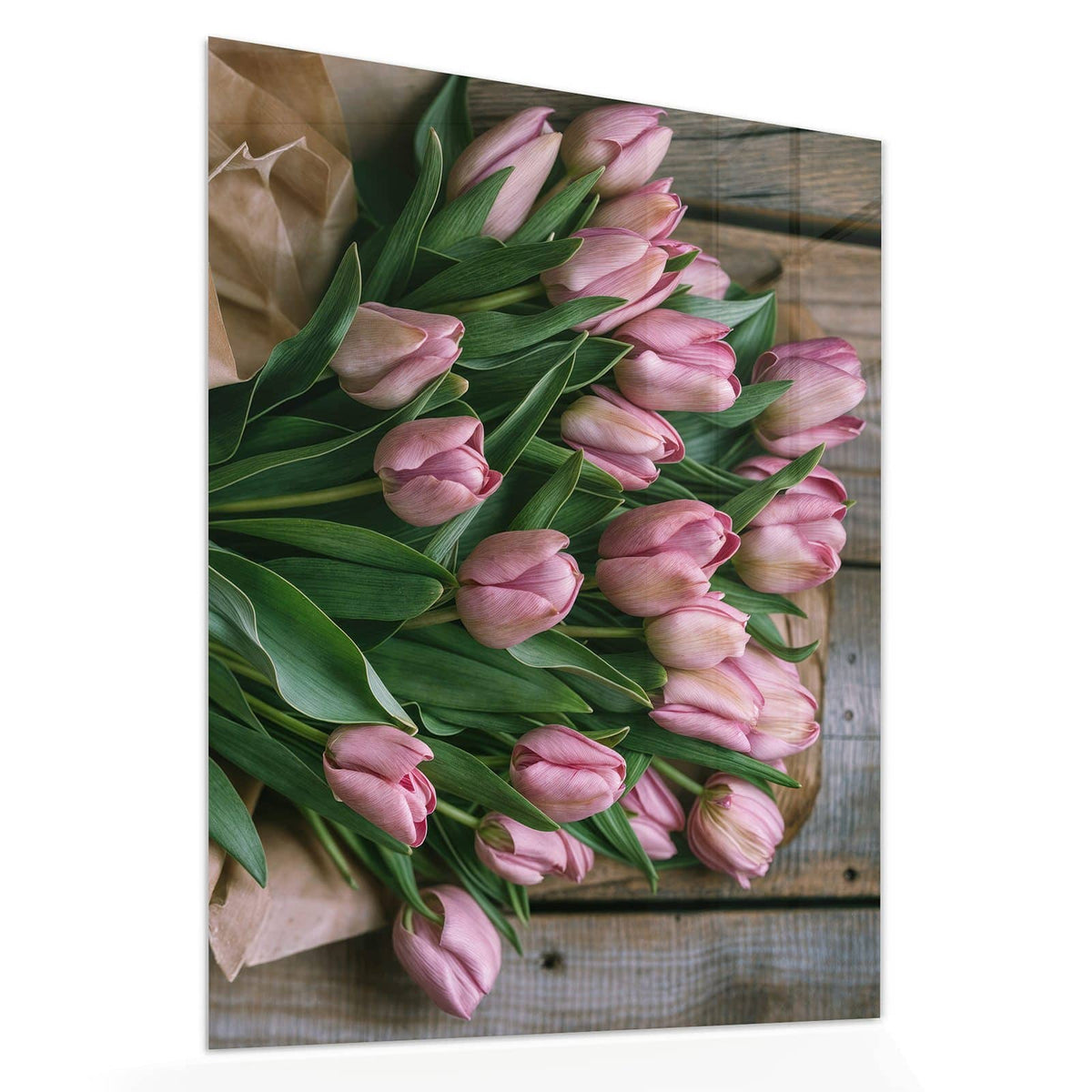 Echtglas, 4 mm – kein Acryl, keine Folie – Wandbild - Rosa Tulpenstrauß - Hochformat