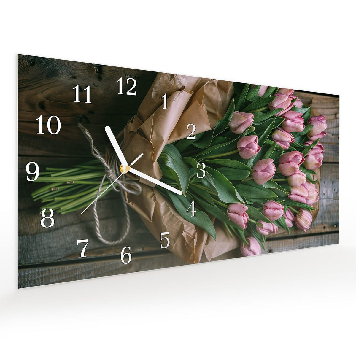 Vormontiert – mit Schwebeeffekt – Wanduhr Rosa Tulpenstrauß aus Glas – Querformat 60 × 30 cm
