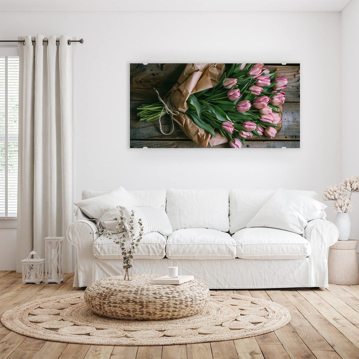 Aufhängung liegt bei – Motiv später wechselbar – Wandbild - Rosa Tulpenstrauß - Querformat