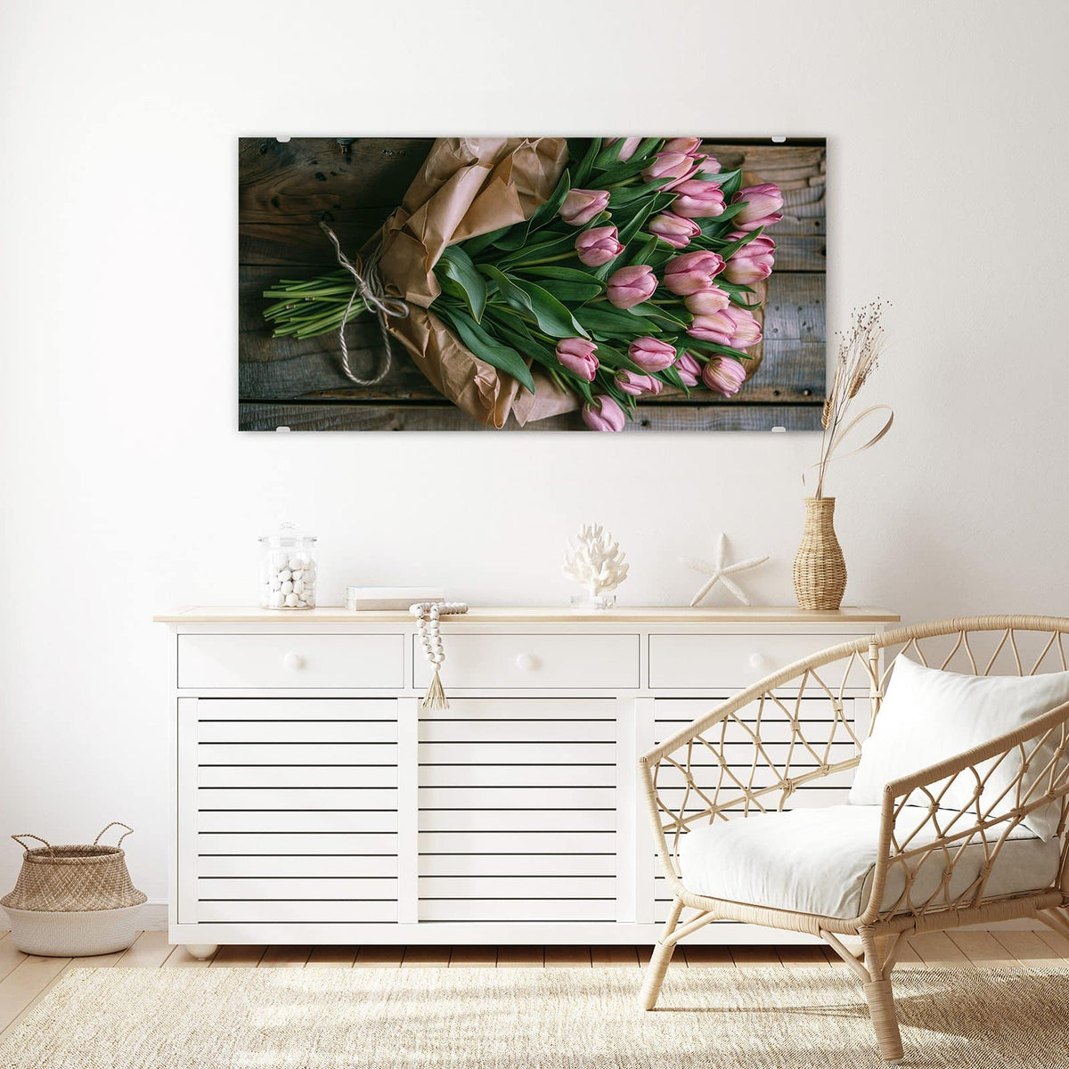 Echtglas, 4 mm – kein Acryl, keine Folie – Wandbild - Rosa Tulpenstrauß - Querformat
