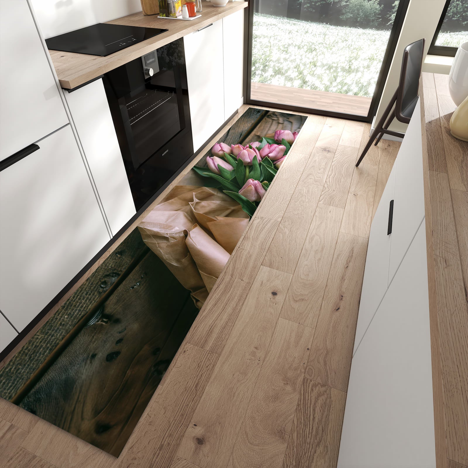 Abriebfester rutschfester Läufer mit Motiv Rosa Tulpenstrauss in moderner Küche