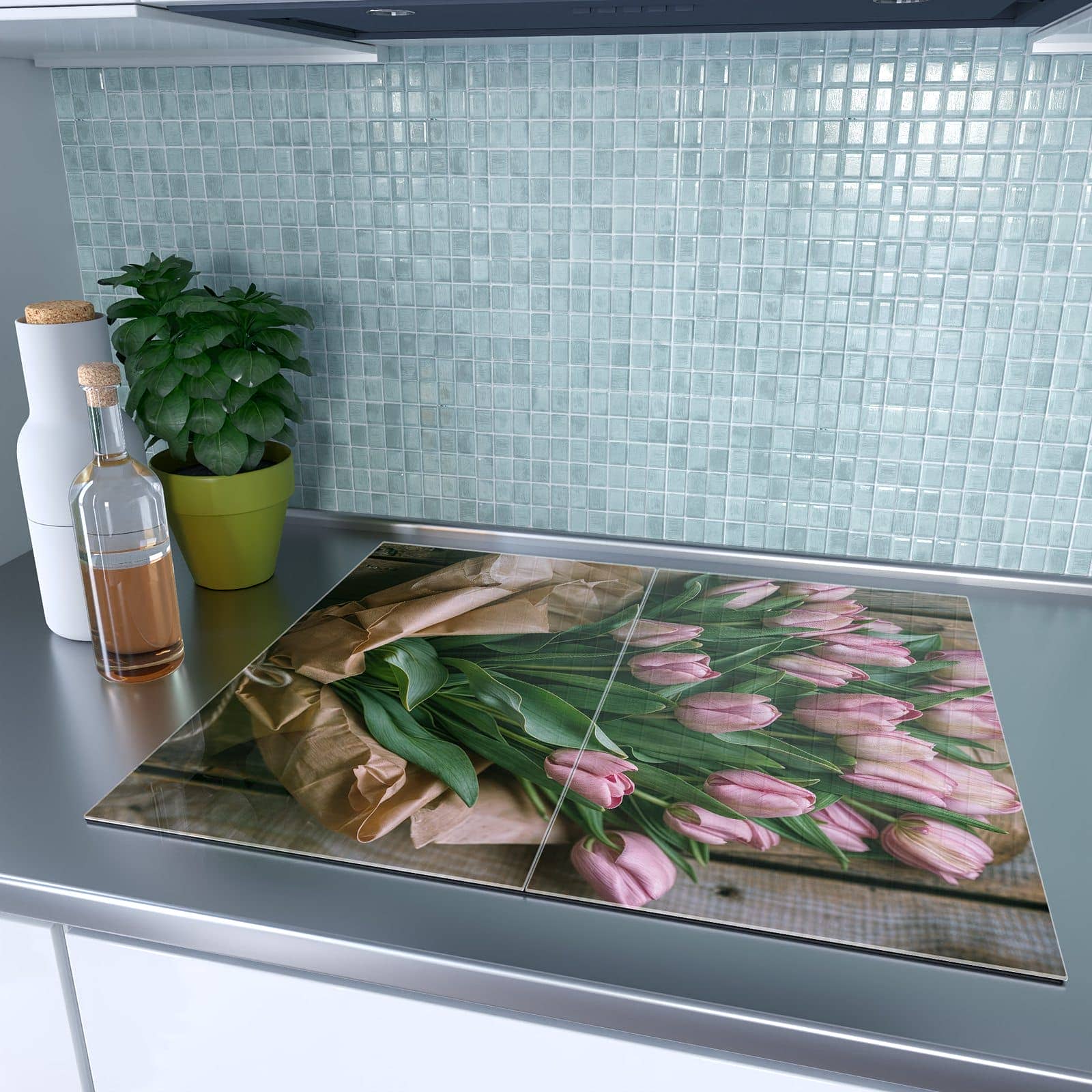 2-teilige Herdabdeckplatte für Induktionsherd mit Rosa Tulpenstrauß-Motiv auf dem Ceranfeld