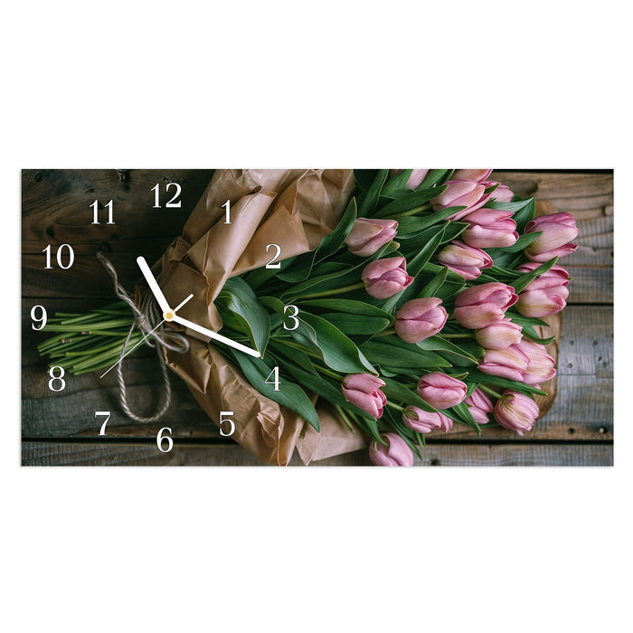 Wanduhr Rosa Tulpenstrauß aus Glas – Querformat 60 × 30 cm mit Ziffernblatt Klassisch