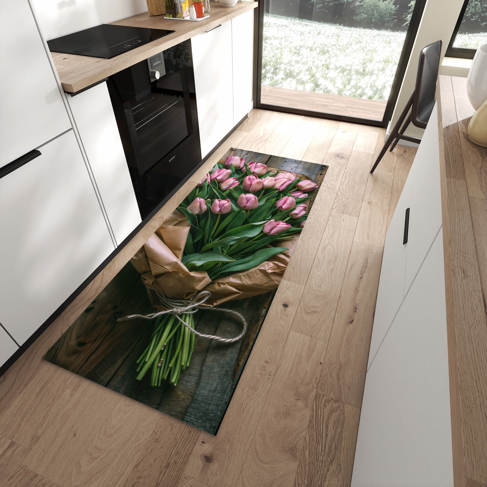 Rutschfester Küchenteppich mit Motiv Rosa Tulpenstrauss für Trittkomfort in moderner Küche