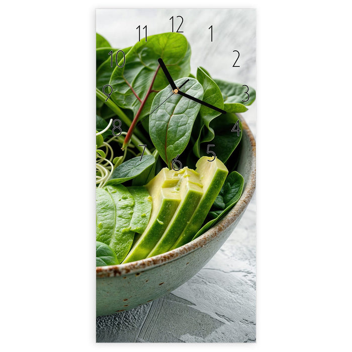 Wanduhr Gesunder Salat aus Glas – Hochformat 30 × 60 cm mit Ziffernblatt Elegant