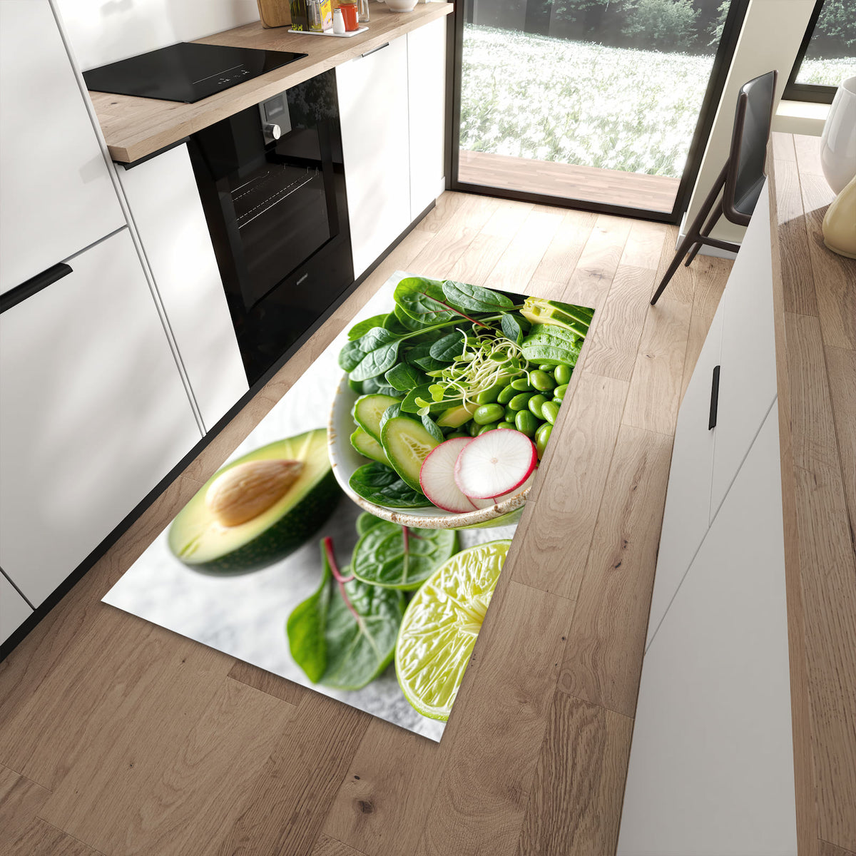 Ordnungsschaffender Küchenläufer mit Motiv Gesunder Salat in moderner Küche