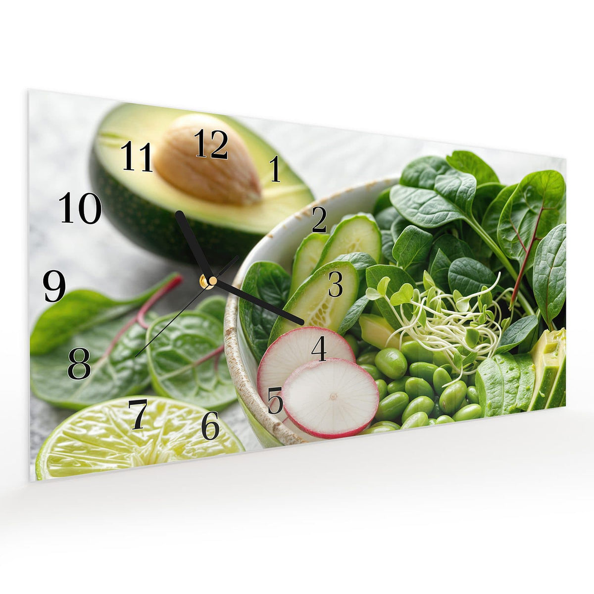 Vormontiert – mit Schwebeeffekt – Wanduhr Gesunder Salat aus Glas – Querformat 60 × 30 cm