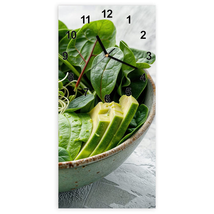 Wanduhr Gesunder Salat aus Glas – Hochformat 30 × 60 cm mit Ziffernblatt Modern