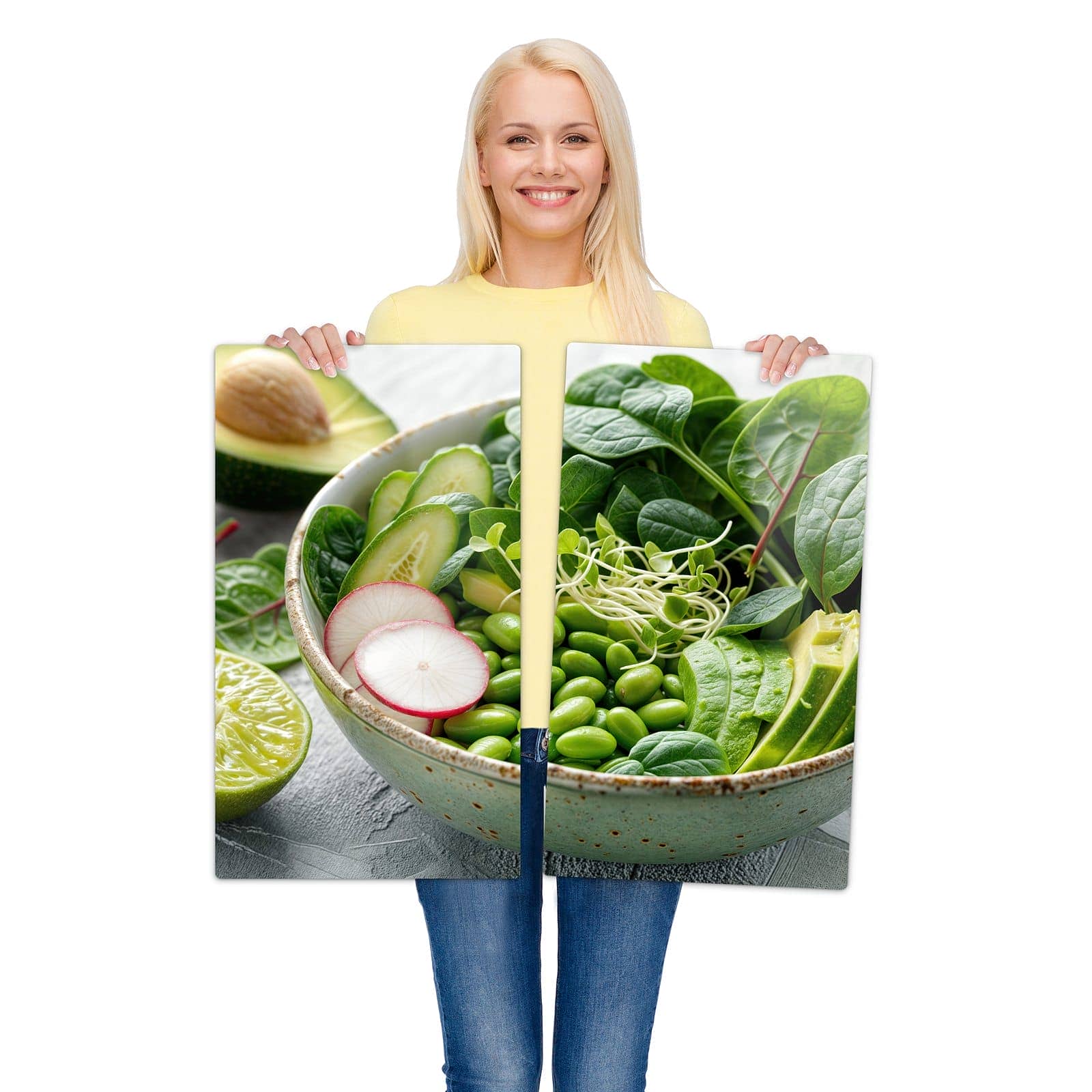 2-teilige Herdabdeckplatten für Ceranfeld mit Gesunder Salat-Motiv wird zur Größendarstellung gehalten