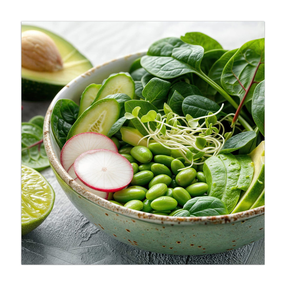 Grüne Schale mit Spinat, Gurke, Edamame, Radieschen und Sprossen, halbe Avocado und Limette daneben