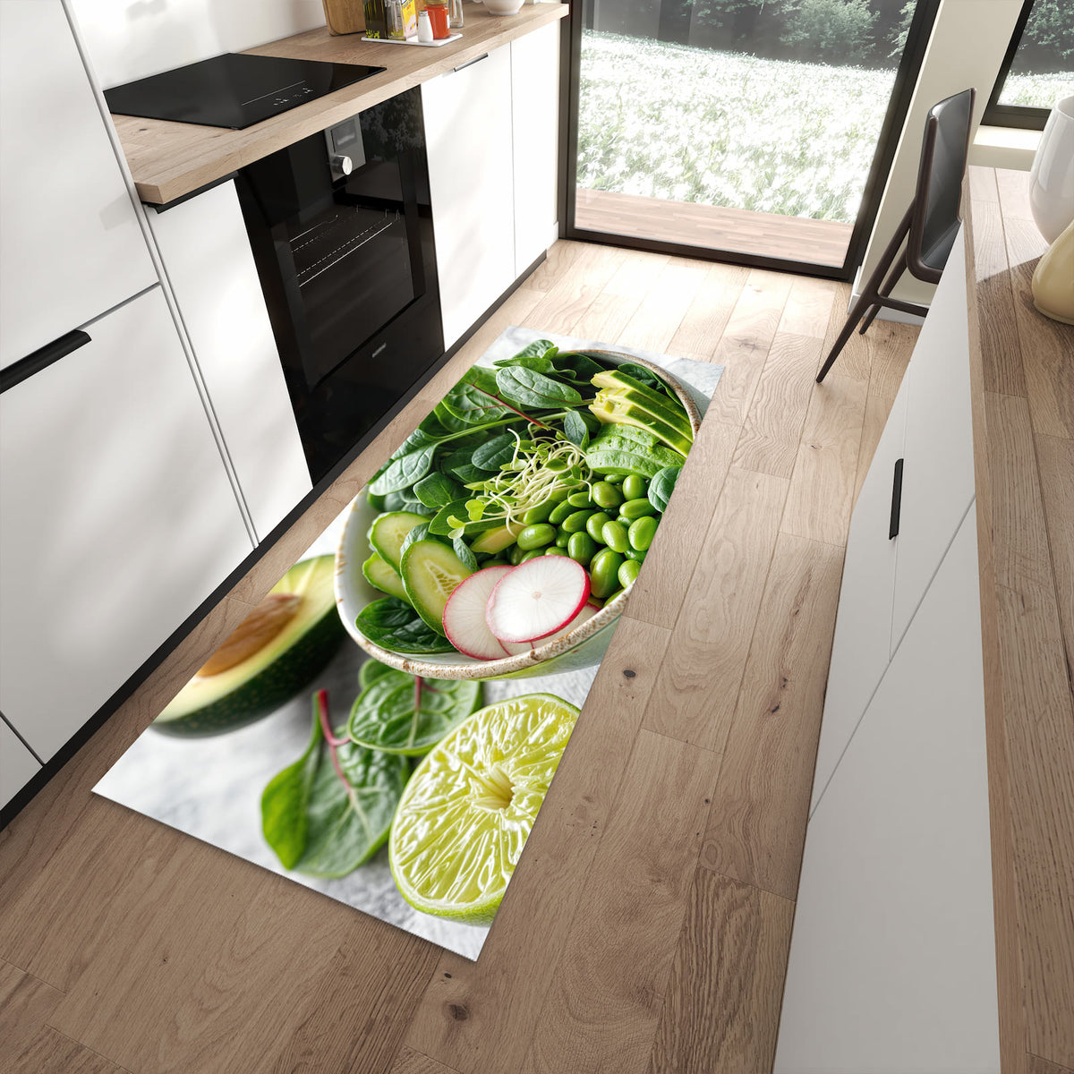 Langlebiger Küchenläufer mit Motiv Gesunder Salat in moderner Küche