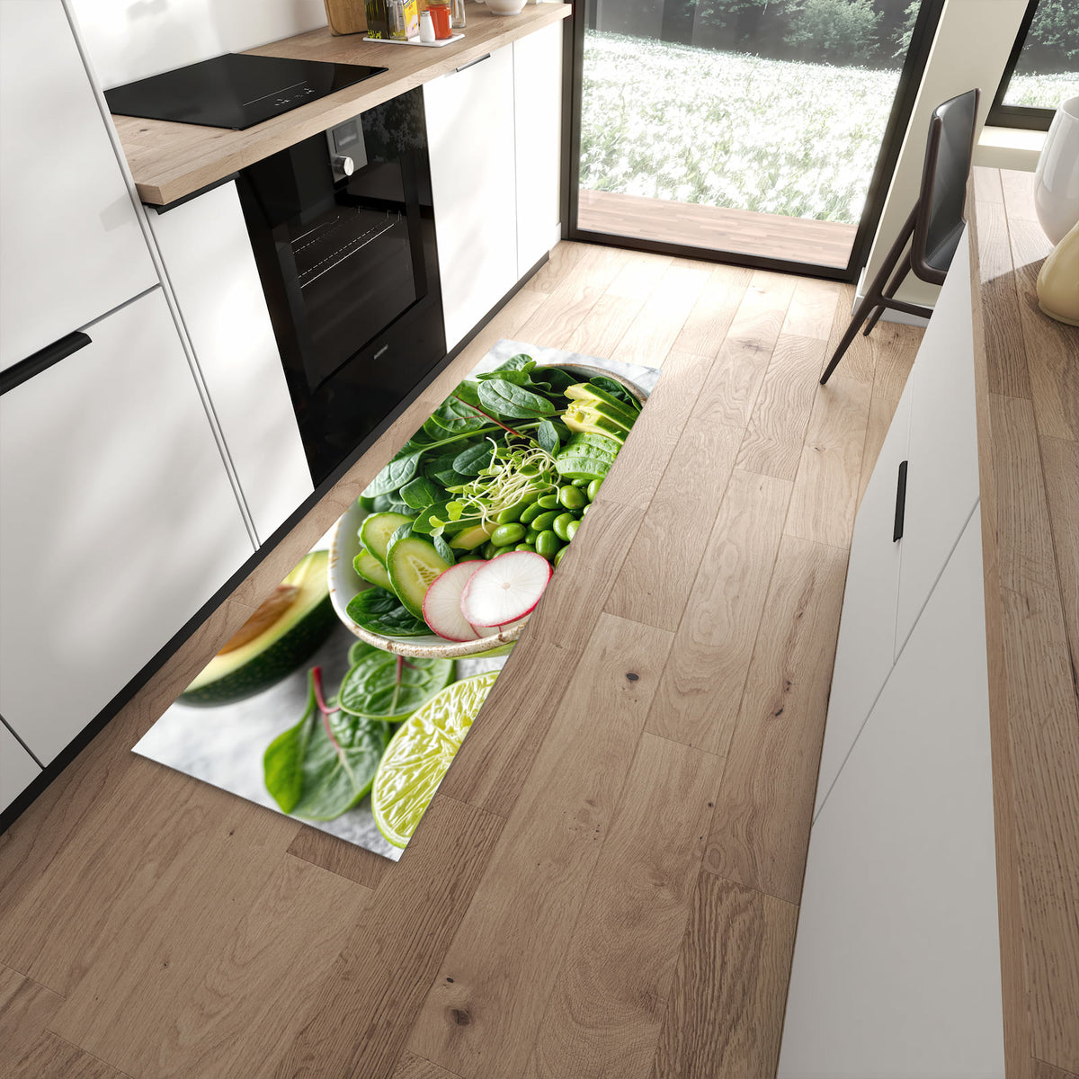 Pflegeleichter Küchenteppich mit Motiv Gesunder Salat in moderner Küche