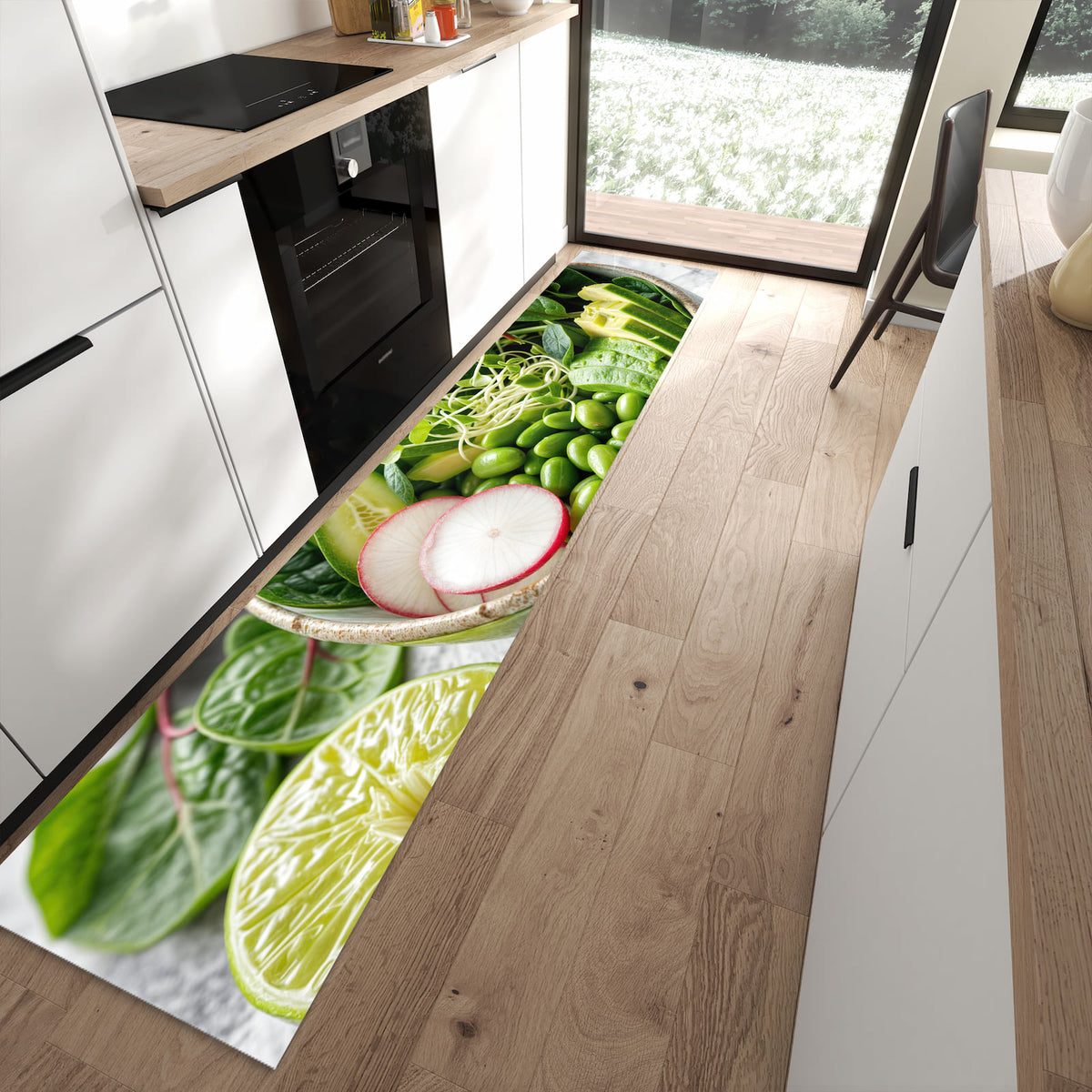 Strapazierfähiger Läufer für die Küche mit Motiv Gesunder Salat in moderner Küche