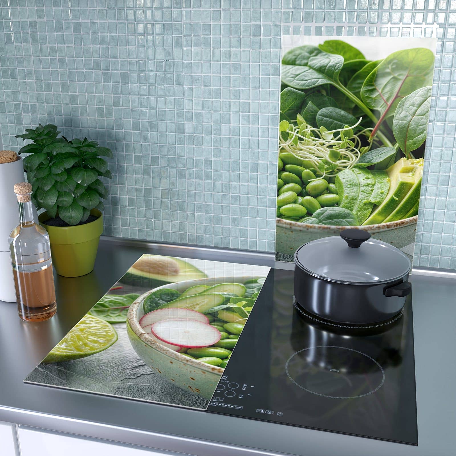 2-teilige Ceranfeld Abdeckungen mit Gesunder Salat-Motiv als Spritzschutz hinter dem Kochfeld