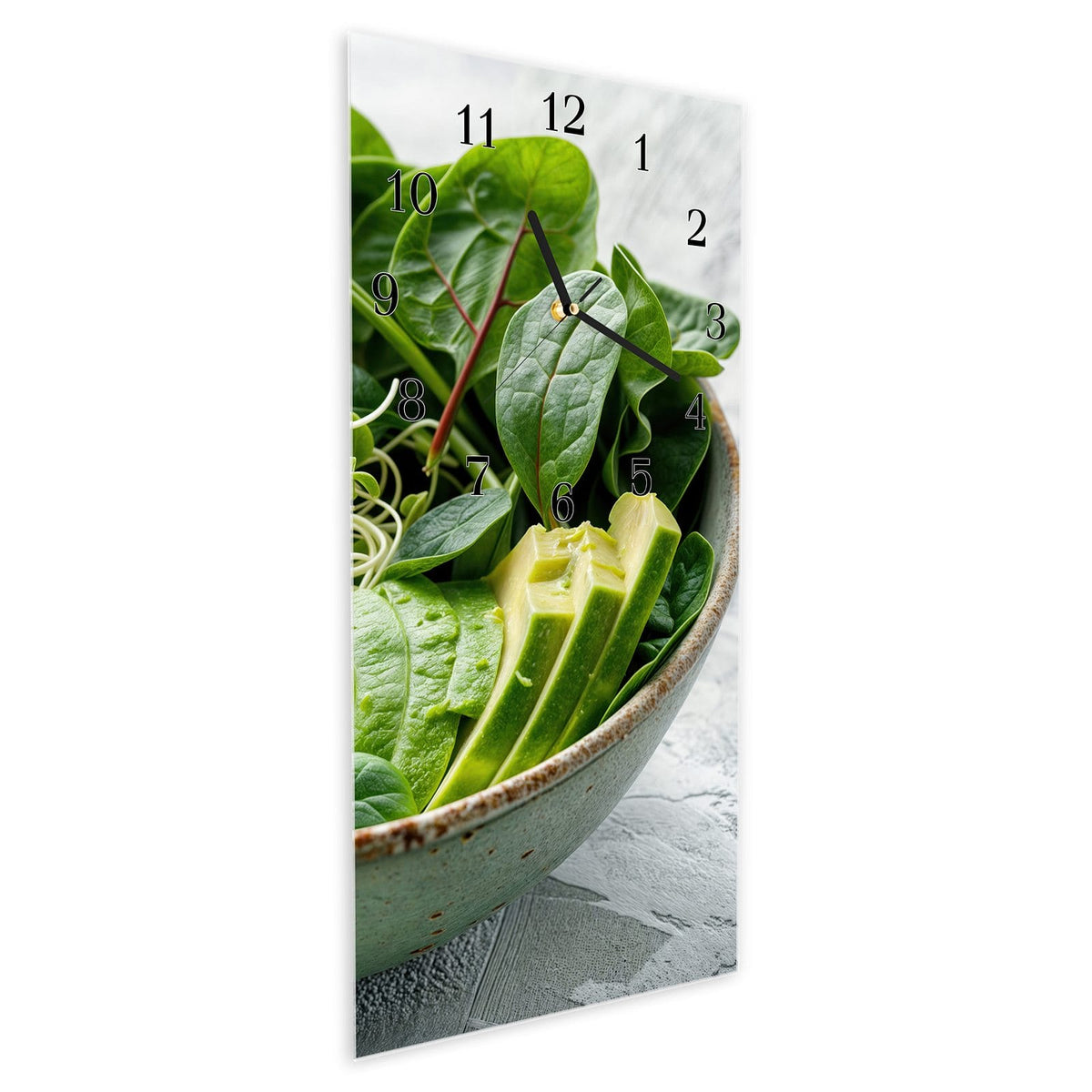 Vormontiert – mit Schwebeeffekt – Wanduhr Gesunder Salat aus Glas – Hochformat 30 × 60 cm