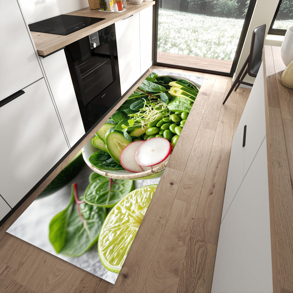 Feuchtigkeitsresistenter Küchenvorleger mit Motiv Gesunder Salat in moderner Küche