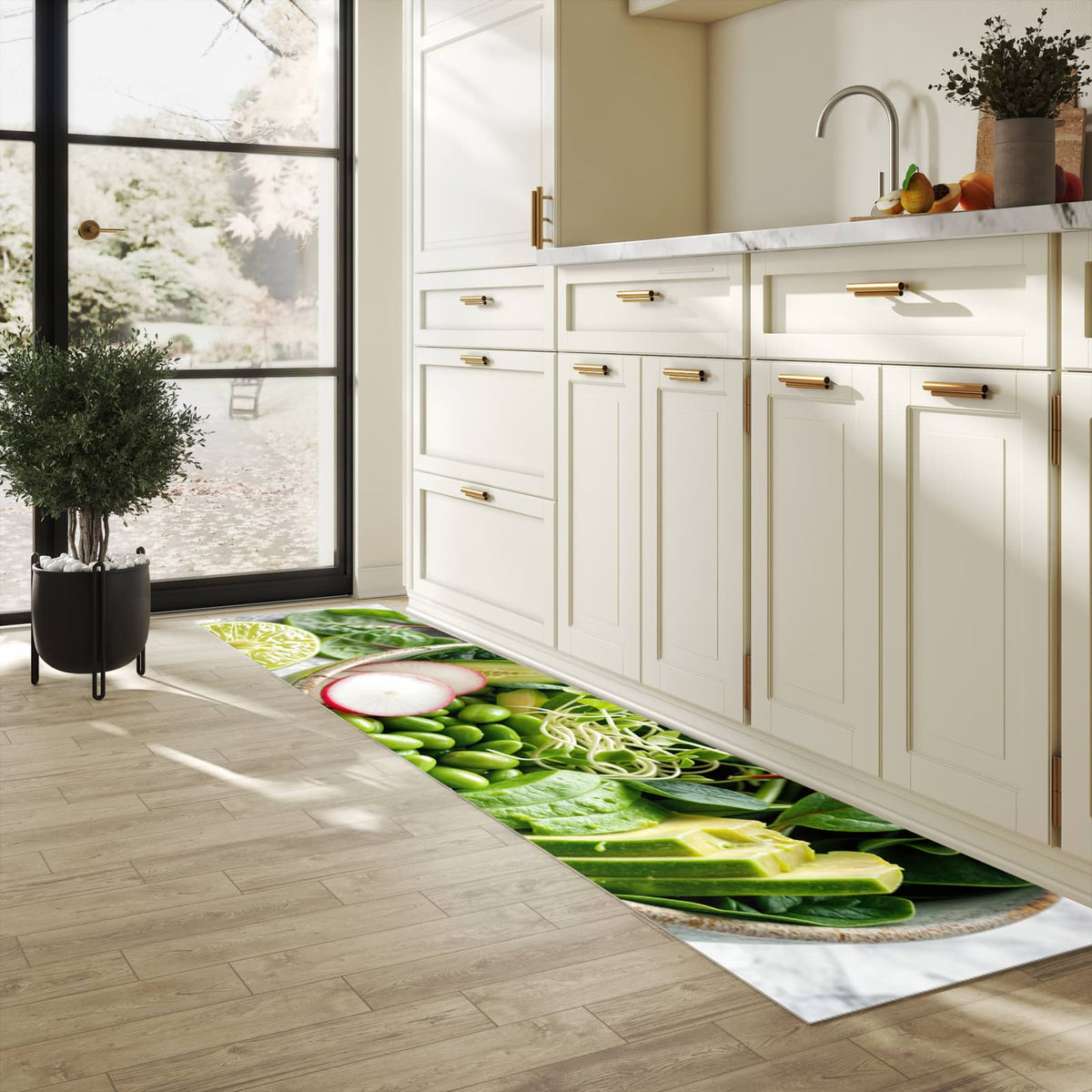 Langlebiger Teppich für Esstisch mit Motiv Gesunder Salat in heller Küche, waschbar