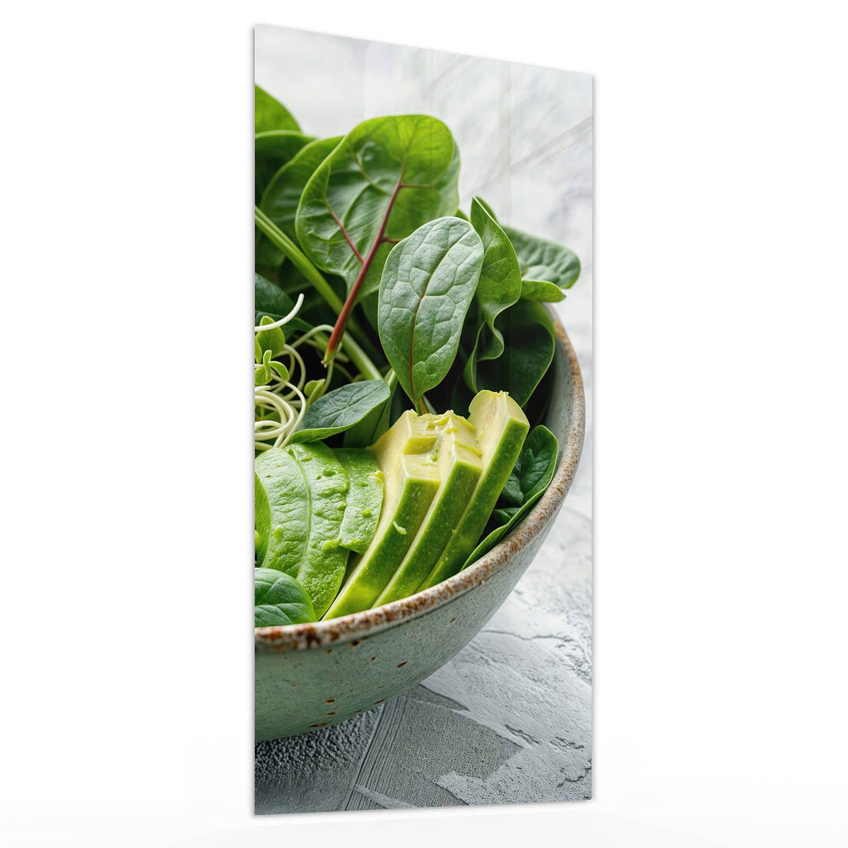 Glasbild Salat mit Avocado von der Seite, 4 mm Echtglas