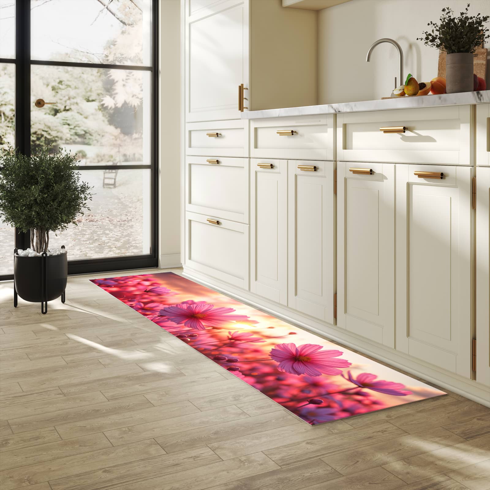 Wasserabweisender Küchenvorleger mit Motiv Blumenfeld Sonnenuntergang in heller Küche