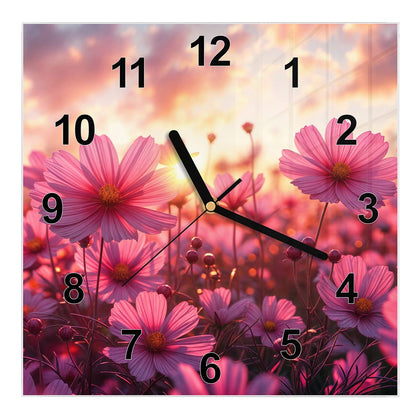 Wanduhr Quadratisch mit dem Motiv Cosmeen im Abendlicht
