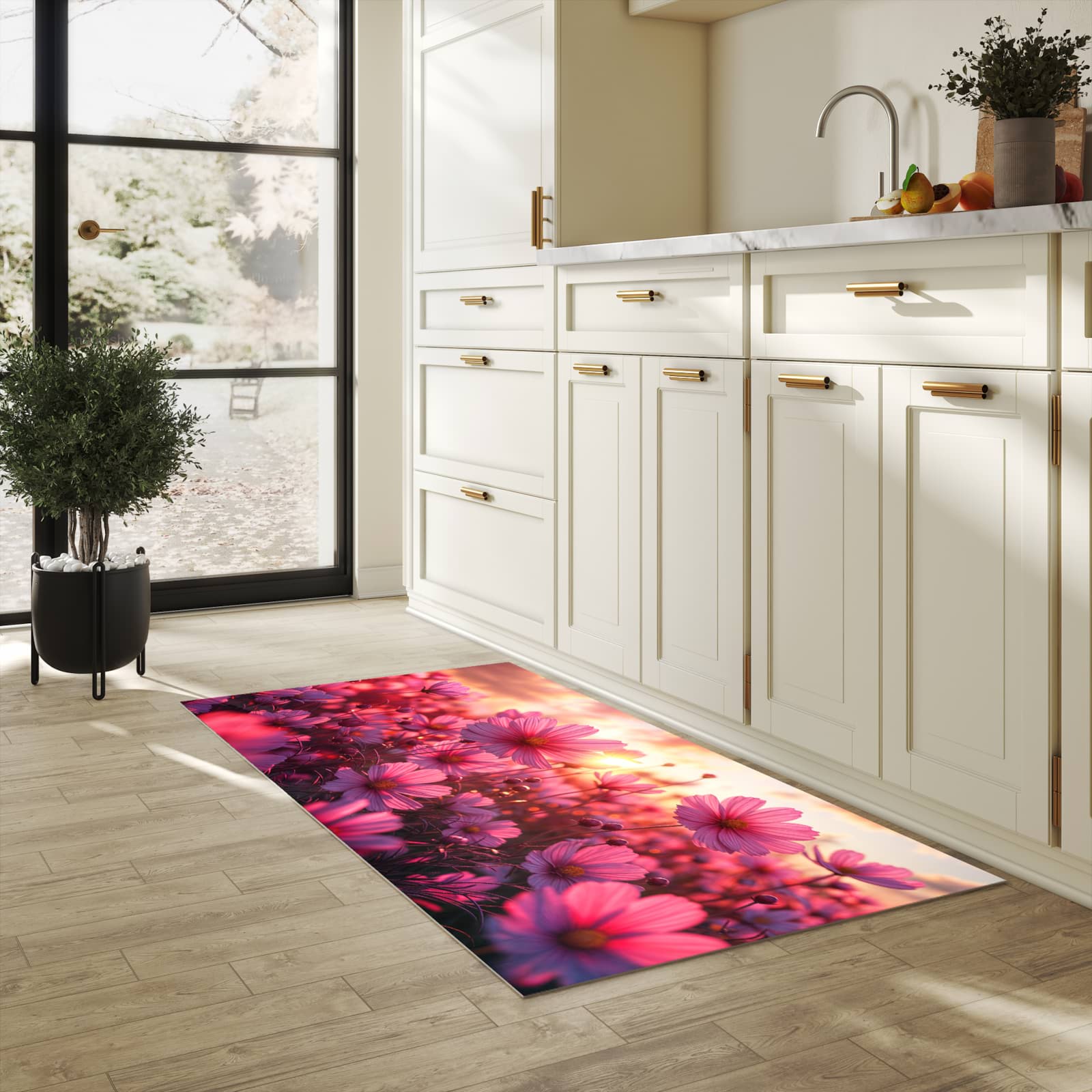 Komfortabler langer Teppich mit Motiv Blumenfeld Sonnenuntergang in heller Küche