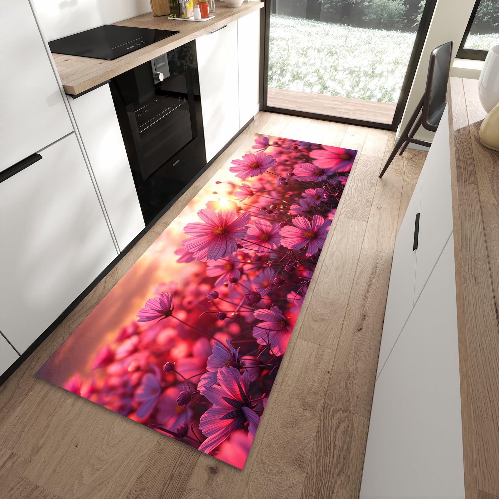 Pflegeleichter Teppich für Küche mit Motiv Blumenfeld Sonnenuntergang in moderner Küche