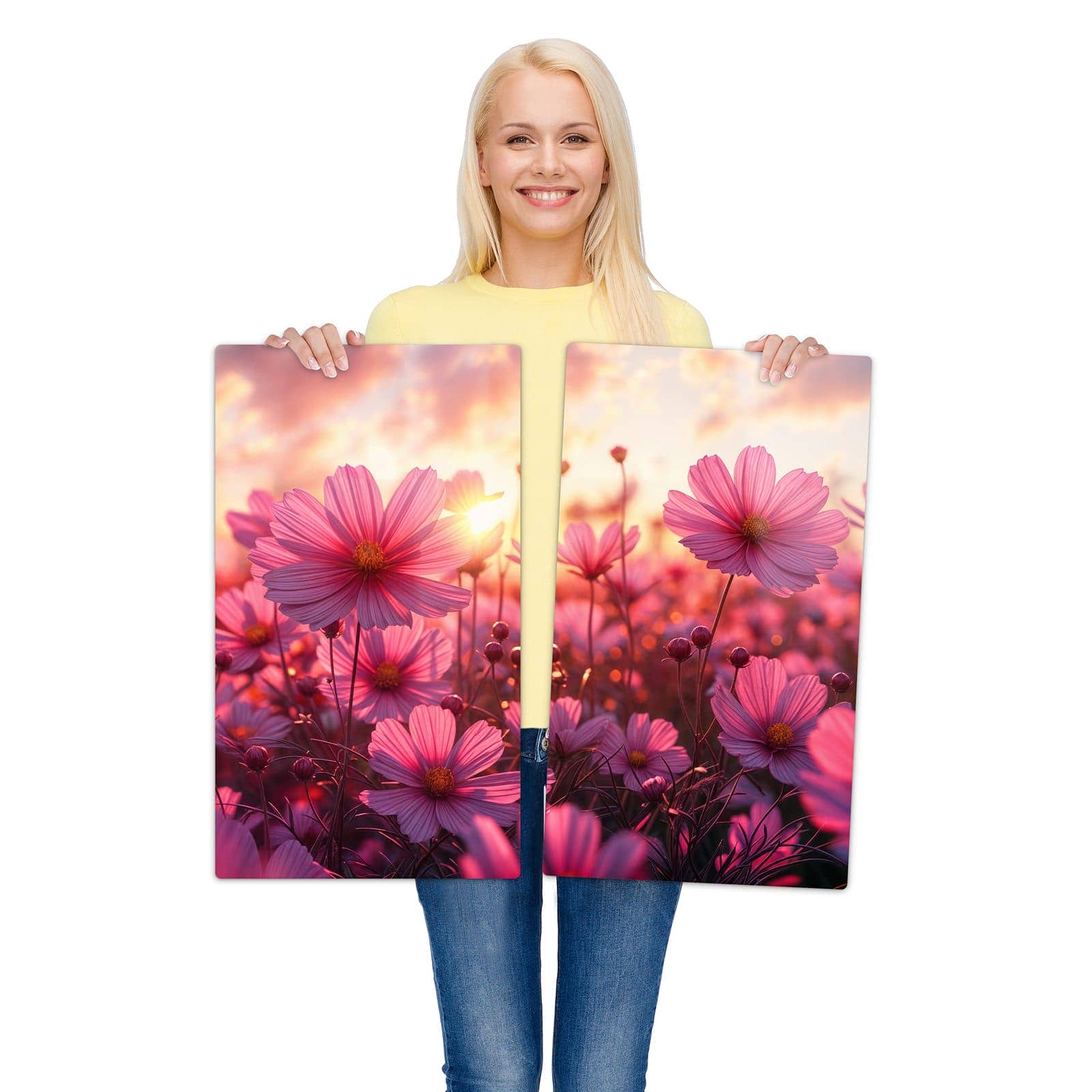 2-teilige Herdabdeckplatte für Ceranfeld mit Blumenfeld Sonnenuntergang-Motiv wird zur Größendarstellung gehalten