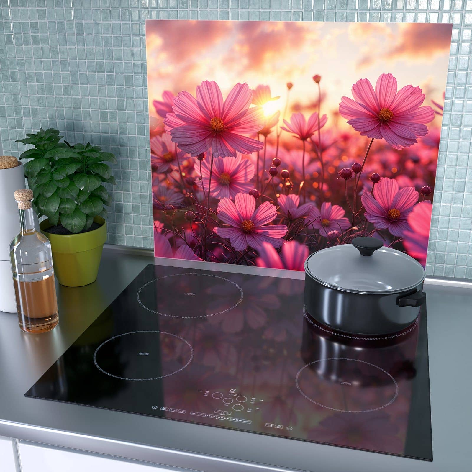 1-teilige Glasplatte für Herd mit Blumenfeld Sonnenuntergang-Motiv als Spritzschutz hinter dem Kochfeld