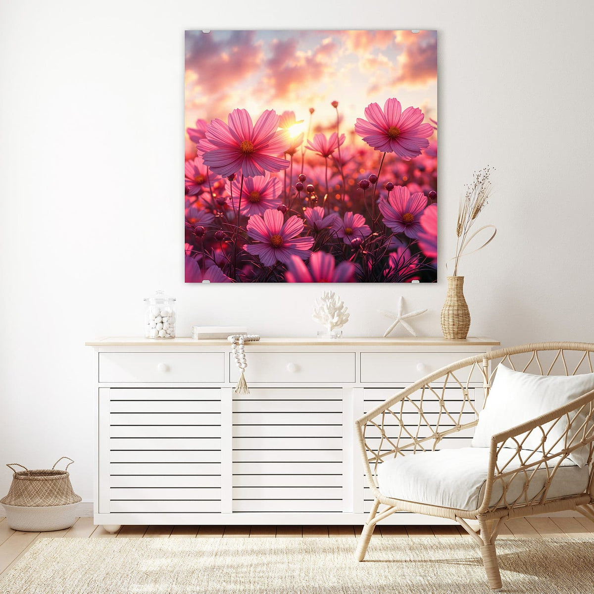 Echtglas, 4 mm – kein Acryl, keine Folie – Wandbild - Cosmeen im Abendlicht - Quadratisch