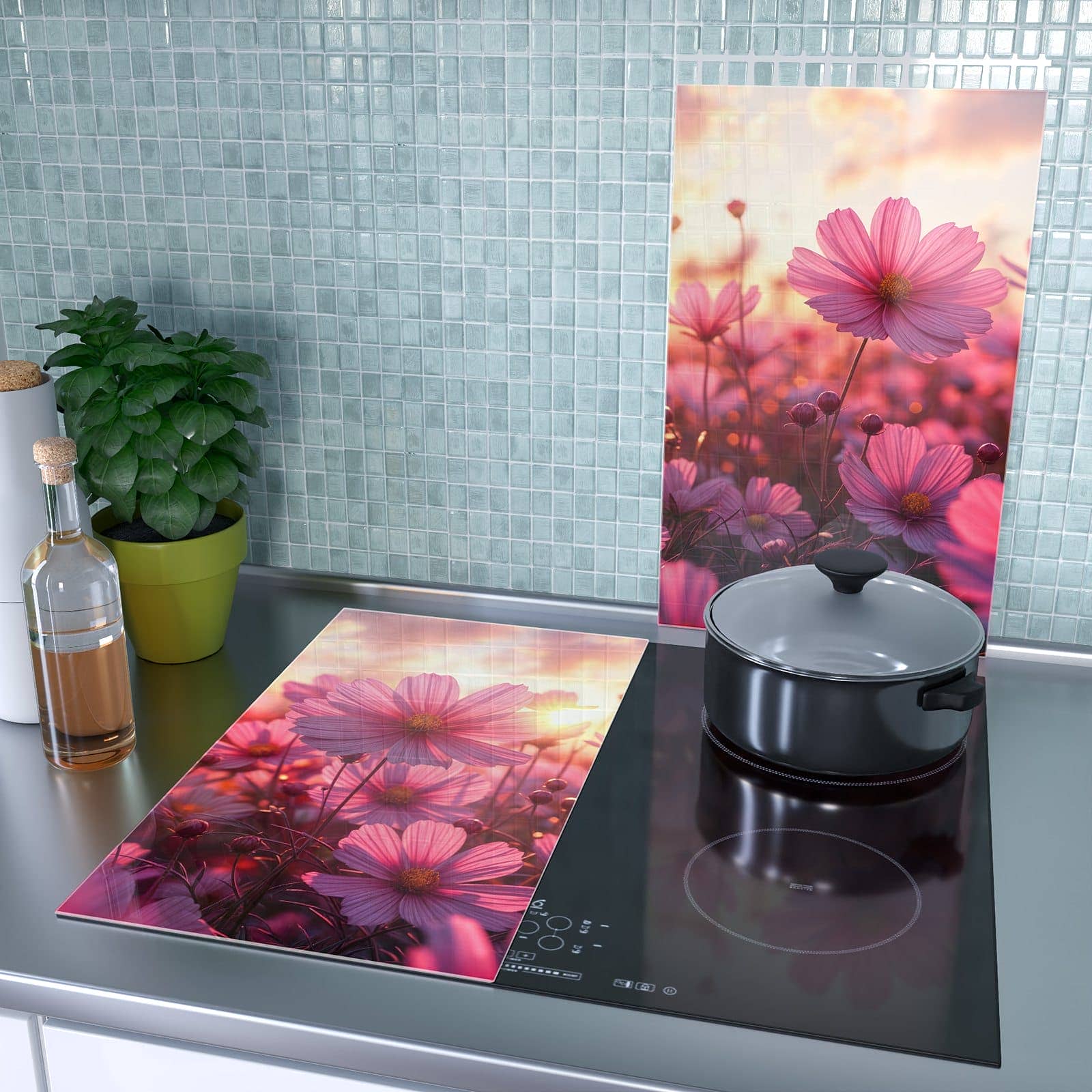 2-teilige Abdeckplatten für Herd mit Blumenfeld Sonnenuntergang-Motiv als Spritzschutz hinter dem Kochfeld