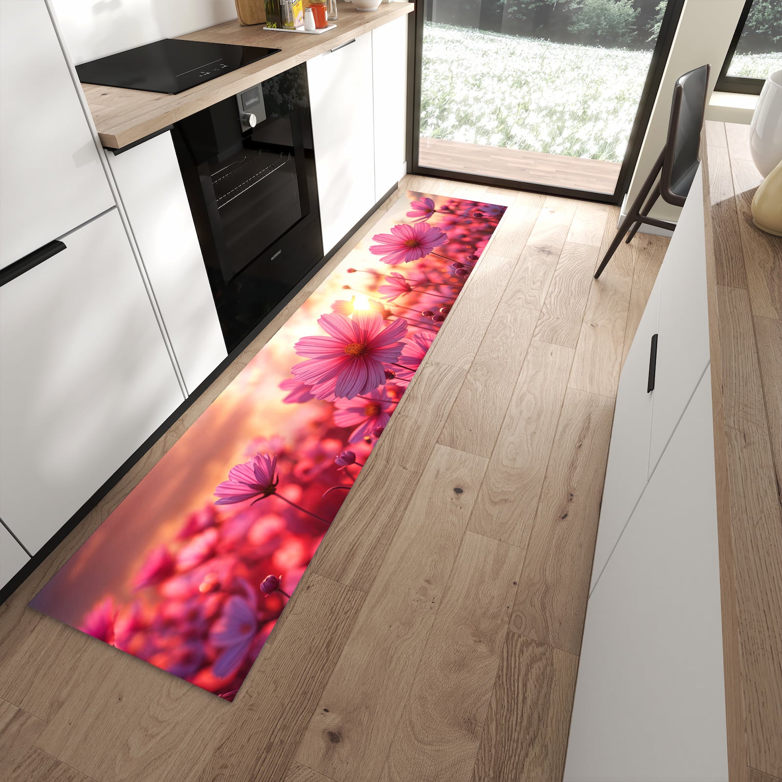 UV-beständiger Küchenläufer mit Motiv Blumenfeld Sonnenuntergang in moderner Küche