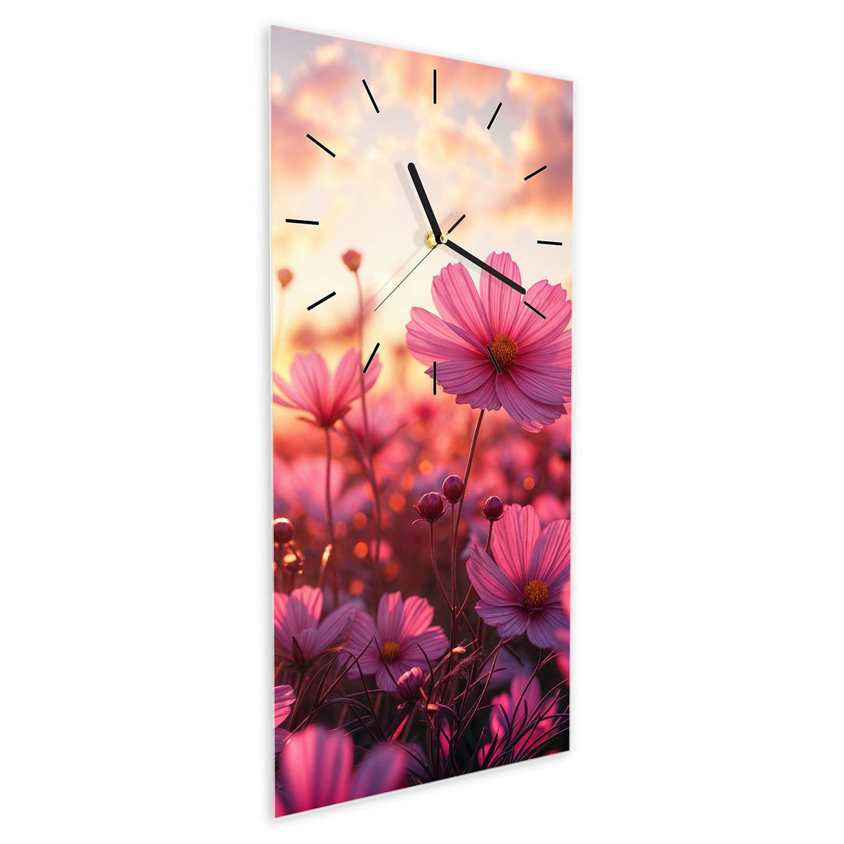 Wanduhr aus Glas im Hochformat Cosmeen im Abendlicht schräg von der Seite, 4 mm starkes Glas