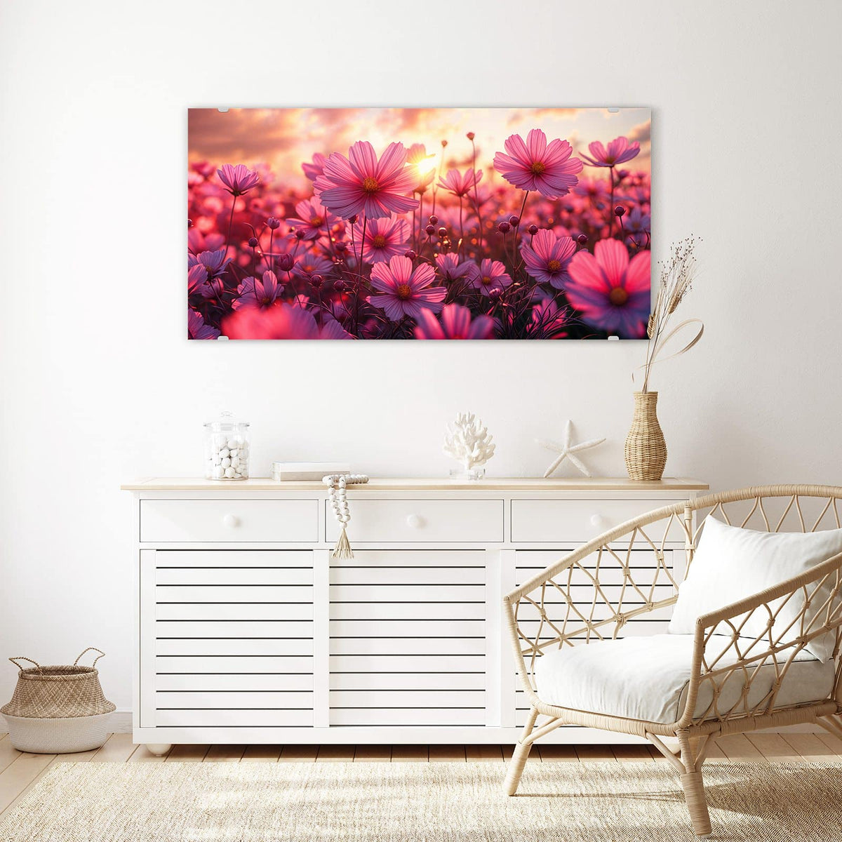 Echtglas, 4 mm – kein Acryl, keine Folie – Wandbild - Cosmeen im Abendlicht - Querformat