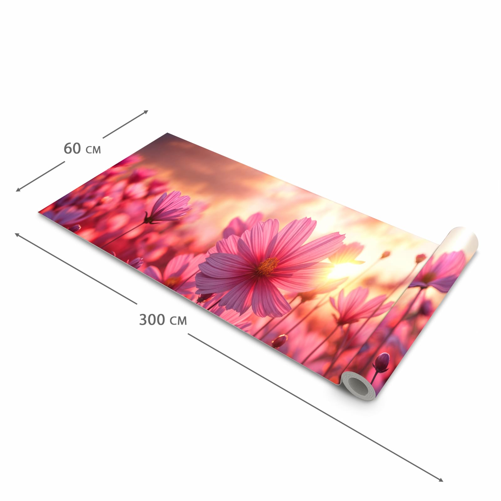 Strapazierfähiger moderner Küchenläufer mit Motiv Blumenfeld Sonnenuntergang in der Größe 60x270 cm