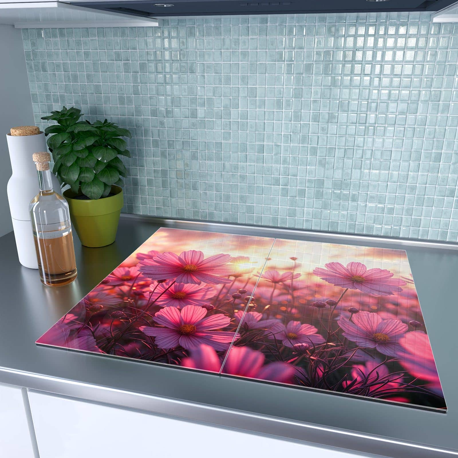 2-teilige Glasabdeckplatte für Ceranfeld mit Blumenfeld Sonnenuntergang-Motiv auf dem Ceranfeld