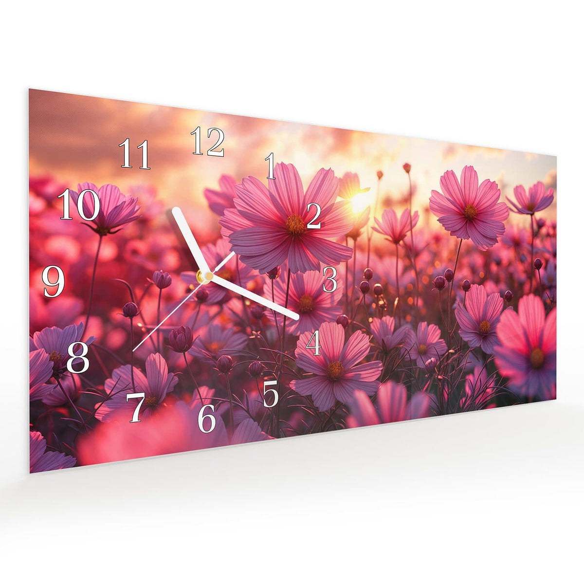 Vormontiert – mit Schwebeeffekt – Wanduhr Blumenfeld Sonnenuntergang aus Glas – Querformat 60 × 30 cm