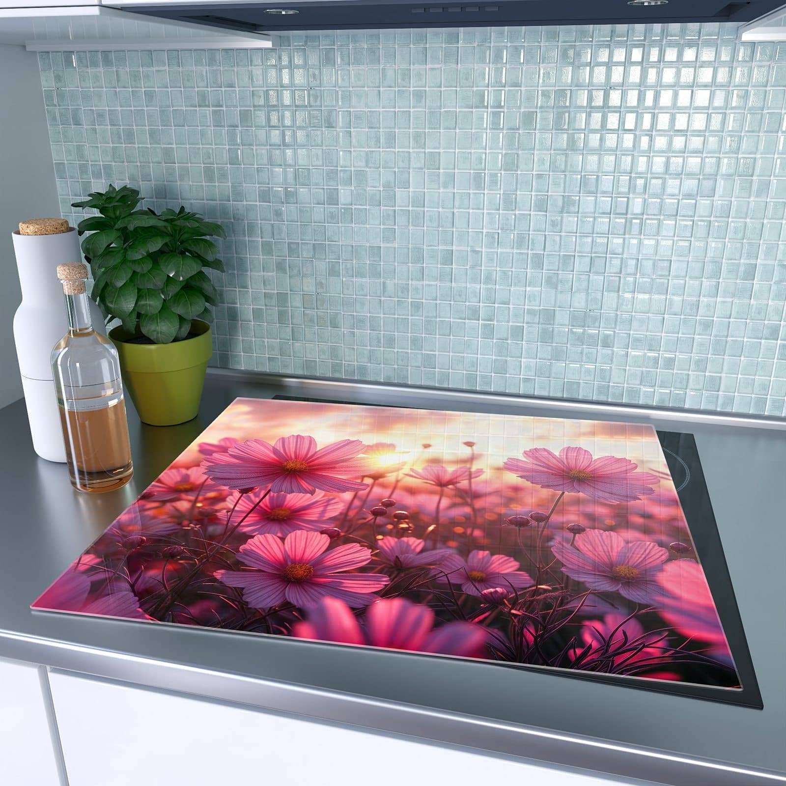 1-teilige Abdeckung für Herdplatte mit Blumenfeld Sonnenuntergang-Motiv auf dem Ceranfeld