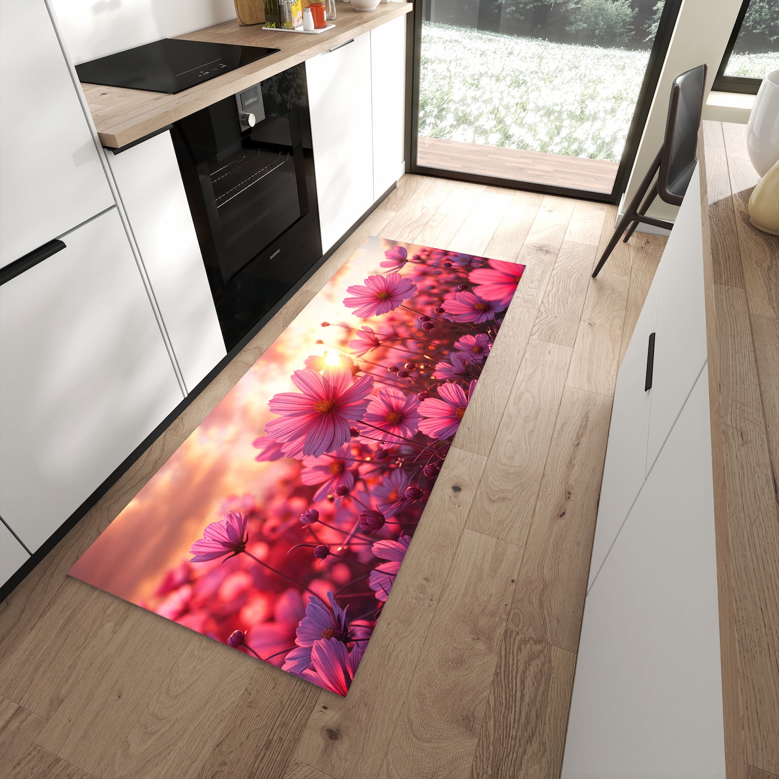 Fleckenresistenter moderner Küchenläufer mit Motiv Blumenfeld Sonnenuntergang in moderner Küche