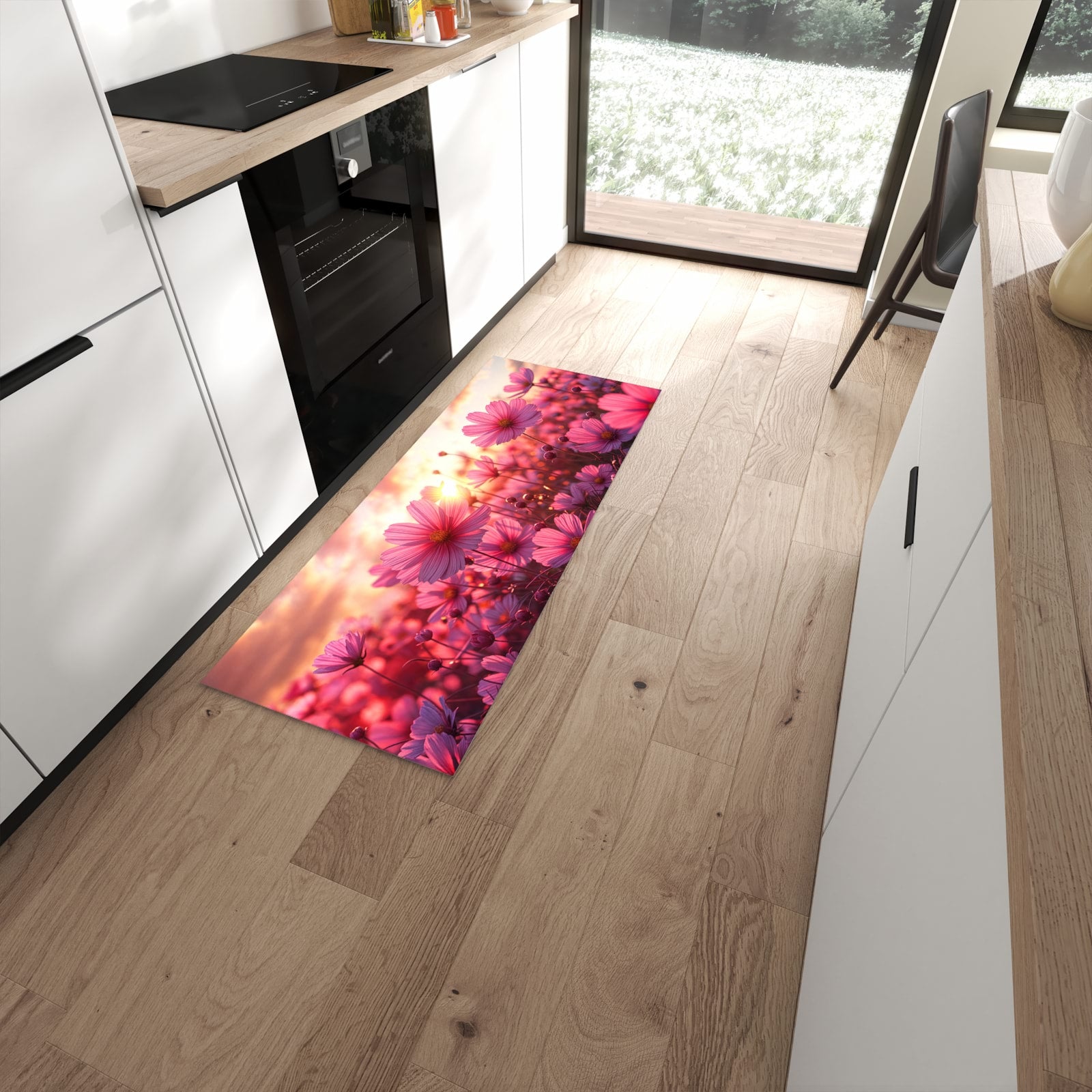 Zeitsparender rutschfester Küchenläufer mit Motiv Blumenfeld Sonnenuntergang in moderner Küche #grösse_60 x 150 cm