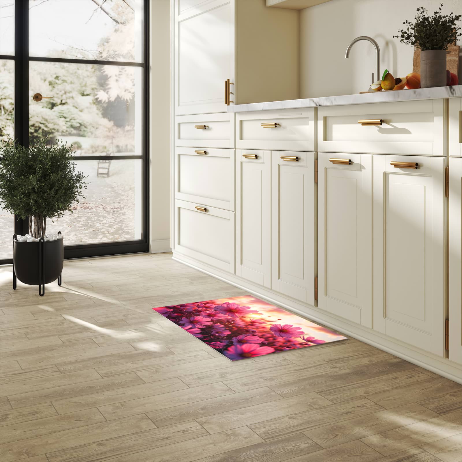 Schmutzabweisender Küchenläufer mit Motiv Blumenfeld Sonnenuntergang in heller Küche